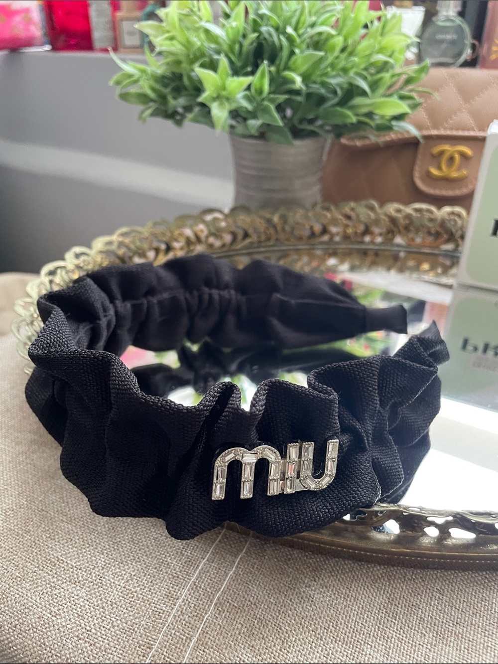 ✨ Black Ruffled Fabric Headband with Crystal Logo✨NWOT